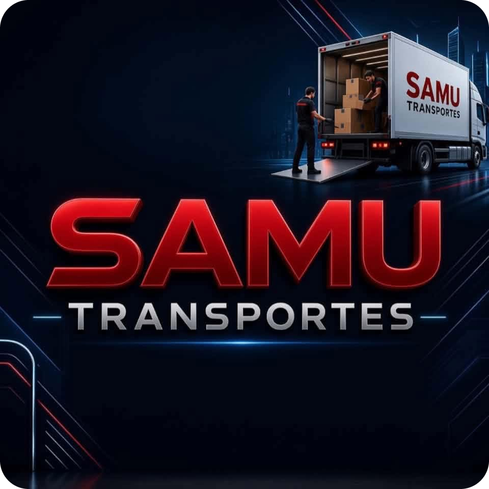Logo de SAMU Transportes: camión de mudanza con dos personas cargando cajas
